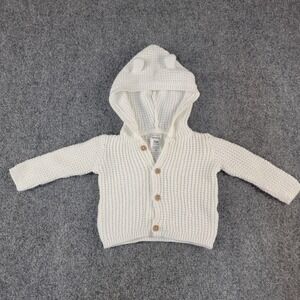 Carters Baby White Chunky Knit Hooded Cardigan Sweater w/ Bear Ears 3M